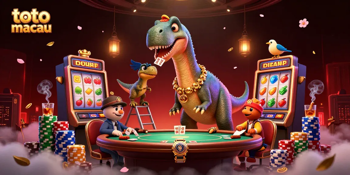 Spin the reels at toto macau while a brontosaurus surveys gameplay from above a vibrant casino floor.