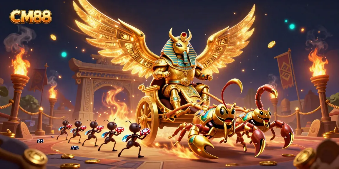 Experience the thrilling excitement of CM88 casino with a dynamic 3D illustration featuring mythical creatures and casino elements.