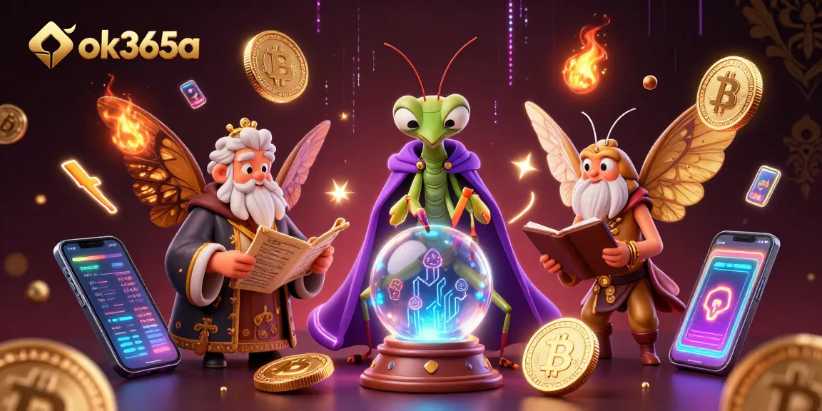 Engage with the captivating world of ok365a through a vibrant 3D casino scene featuring mystical characters and cryptocurrency elements.