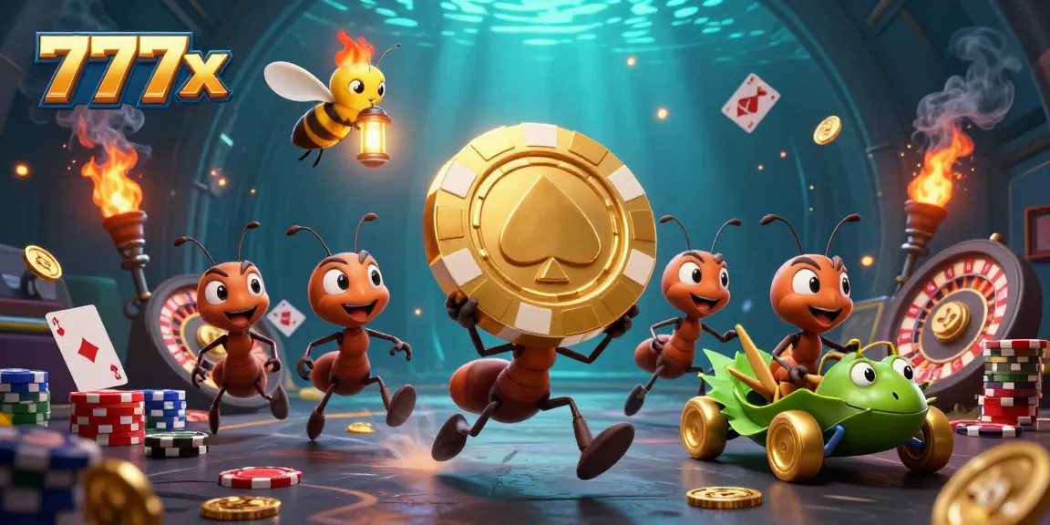 Experience the thrill of winning with 777x as cartoon ants execute a heist with gold chips amidst vibrant casino elements.