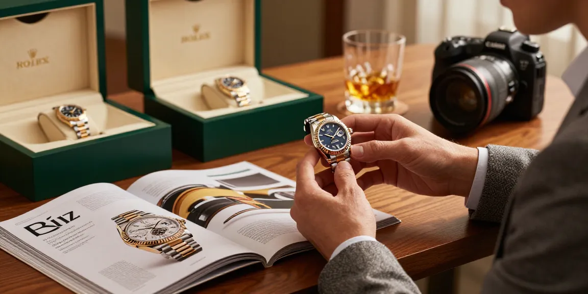 Admiring luxury rolex replica watch in an elegant setting with whiskey.