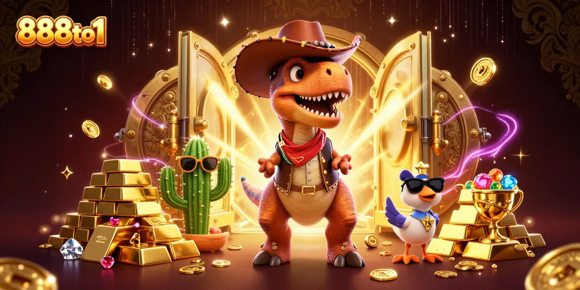Experience excitement at 888to1 with a dynamic casino scene featuring treasures and engaging characters.
