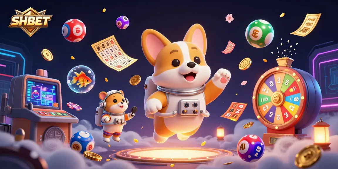 Play with SHBET's exciting features in a vibrant 3D casino illustration with astronauts and colorful elements.