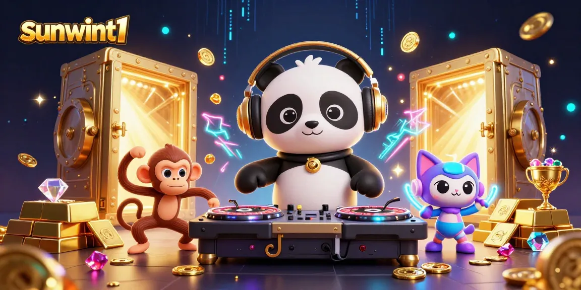 Experience vibrant excitement in sunwint1's 3D casino scene featuring gold treasures and lively characters.